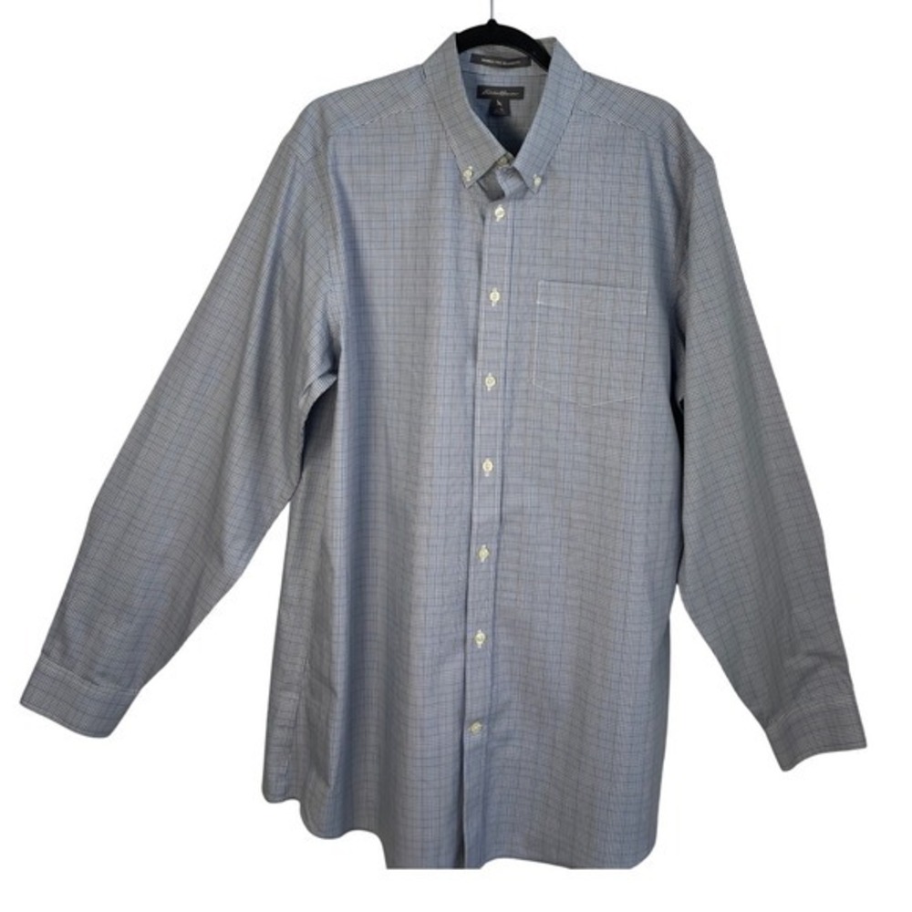 Eddie Bauer Mens Blue Plaid Wrinkle Free Relaxed Fit Button Down Shirt Size TL